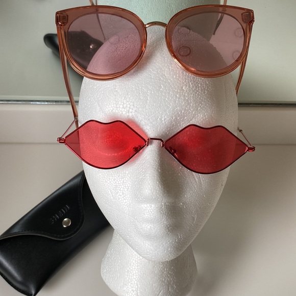 Accessories - 2 FUN Tinted Sunglasses & Case: KISS LIP Shape Wire Frame & Large Plastic Frame